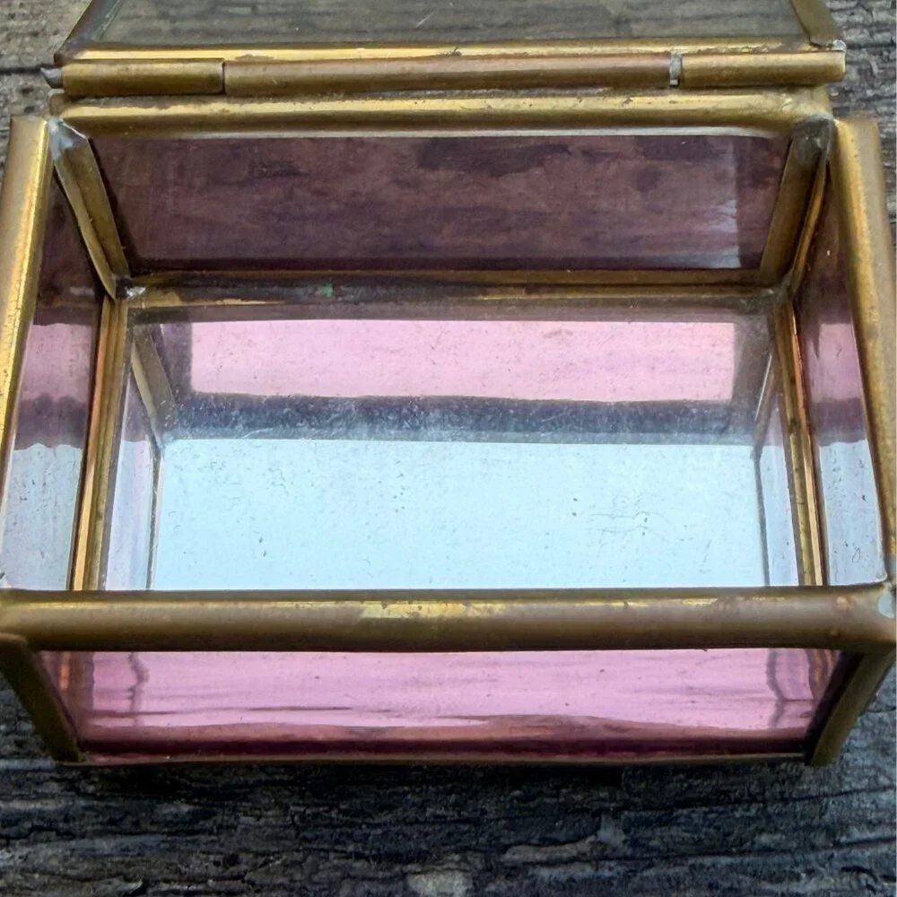 Vintage Via Vermont Etched Flower Pink Lavender Glass Brass Mirror Trinket Box
